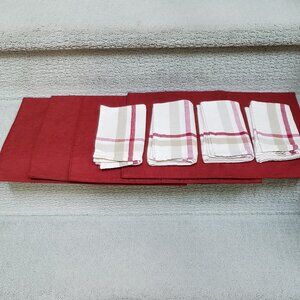 Set of 4 dark red cloth placemats and 4 dark red, cream and beige cloth napkins